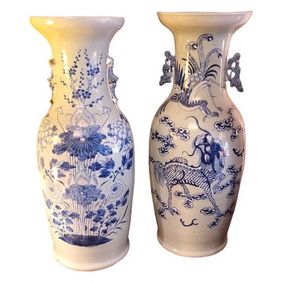 Antique Chinese Glazed Porcelain Vases with Dragon and Chrysanthemen Flowers, China, 1900s, Set of 2-TCS-1401239