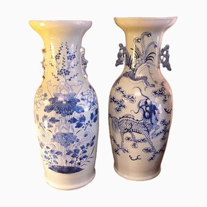 Antique Chinese Glazed Porcelain Vases with Dragon and Chrysanthemen Flowers, China, 1900s, Set of 2-TCS-1401239