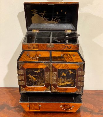 Antique Chinese Inlaid Wood Jewelry Box with Decorations in Relief, 1800s-PYA-880980