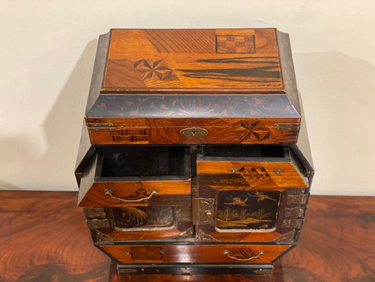 Antique Chinese Inlaid Wood Jewelry Box with Decorations in Relief, 1800s-PYA-880980