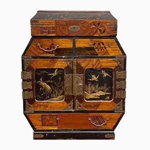 Antique Chinese Inlaid Wood Jewelry Box with Decorations in Relief, 1800s-PYA-880980