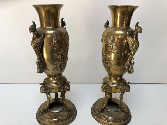 Antique Chinese Vases in Bronze with Floral Decor and Chimere, Set of 2-QKG-1331525