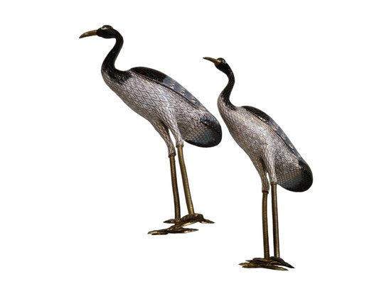 Antique Cloisonne Enamel and Gilt Bronce Heron Sculptures, Set of 2-TCS-1761585