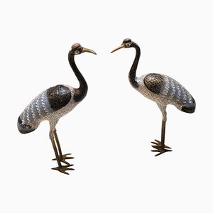 Antique Cloisonne Enamel and Gilt Bronce Heron Sculptures, Set of 2-TCS-1761585