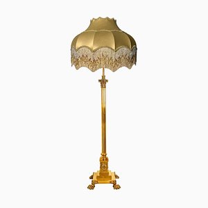 Antique Corinthian Column Brass Floor Lamp with Fringed Lampshade, England, 1890-VDW-1451737