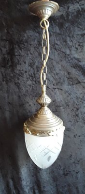 Antique Corridor Ceiling Lamp with a Sanded Drop-Shaped Glass Screen on Oral Brass Mount, 1920s-HOI-1315396