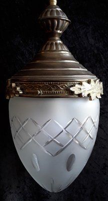 Antique Corridor Ceiling Lamp with a Sanded Drop-Shaped Glass Screen on Oral Brass Mount, 1920s-HOI-1315396