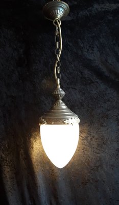 Antique Corridor Ceiling Lamp with a Sanded Drop-Shaped Glass Screen on Oral Brass Mount, 1920s-HOI-1315396