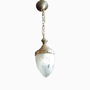 Antique Corridor Ceiling Lamp with a Sanded Drop-Shaped Glass Screen on Oral Brass Mount, 1920s-HOI-1315396