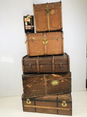 Antique Decorative Wood and Canvas Trunks, 1920s, Set of 6-WQJ-804087