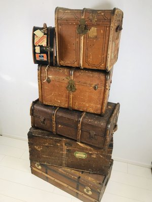 Antique Decorative Wood and Canvas Trunks, 1920s, Set of 6-WQJ-804087