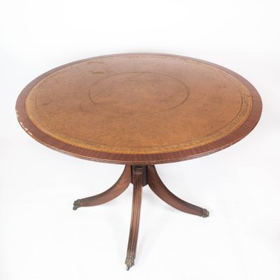 Antique Dining Table in Mahogany with Inlaid Wood and Leather, 1920s-UY-1000677