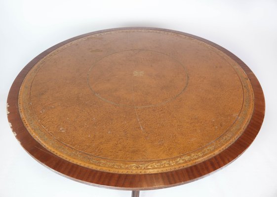 Antique Dining Table in Mahogany with Inlaid Wood and Leather, 1920s-UY-1000677