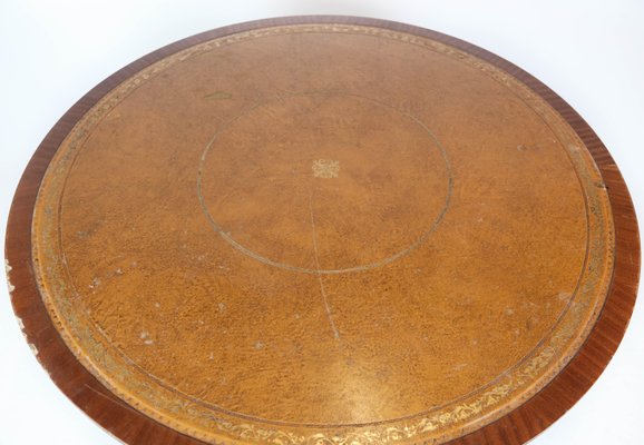 Antique Dining Table in Mahogany with Inlaid Wood and Leather, 1920s-UY-1000677