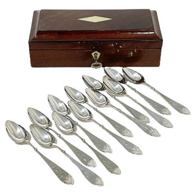 Antique Dutch Spoon Box in Wood with 12 Silver Spoons-UCH-1329884