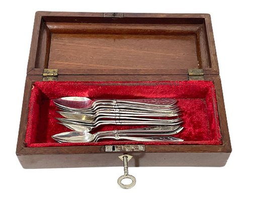 Antique Dutch Spoon Box in Wood with 12 Silver Spoons-UCH-1329884