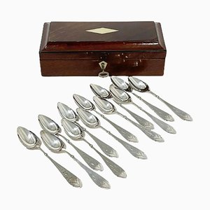 Antique Dutch Spoon Box in Wood with 12 Silver Spoons-UCH-1329884