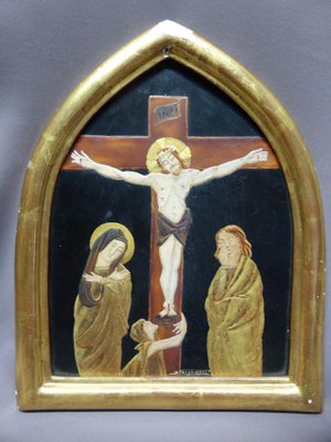 Antique Enamelled Religious Print on Copper Depicting Crucifixion-WSV-605328