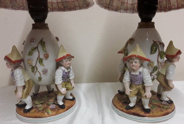 Antique Figurative Bedside Lamps with Porcelain Bases, 1900s, Set of 2-HOI-1801010