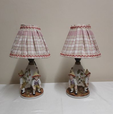 Antique Figurative Bedside Lamps with Porcelain Bases, 1900s, Set of 2-HOI-1801010