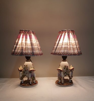 Antique Figurative Bedside Lamps with Porcelain Bases, 1900s, Set of 2-HOI-1801010