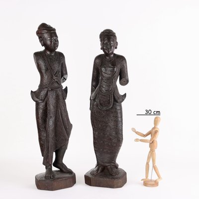 Antique Figurines in Wood, Burma, Early 20th Century, Set of 2-VMM-2023815