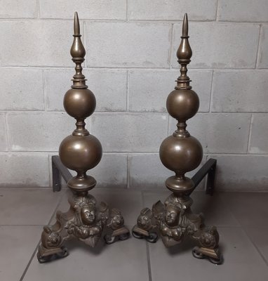 Antique Fireplace Andirons with Brass Cherubs, Italy, Early 1900s, Set of 2-PWG-2024693