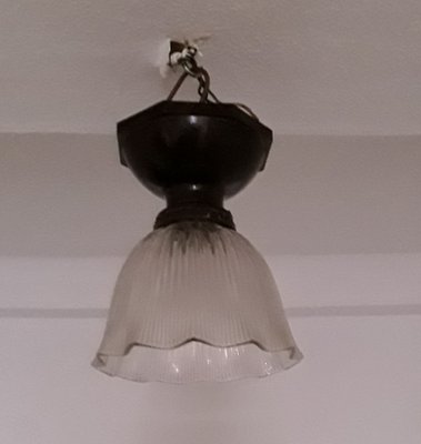 Antique Flat Ceiling Lamp with Ribbed Glass Shade and Brown Bakelite Mount, 1920s-HOI-1000094