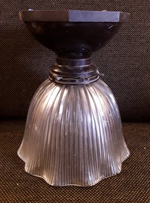 Antique Flat Ceiling Lamp with Ribbed Glass Shade and Brown Bakelite Mount, 1920s-HOI-1000094