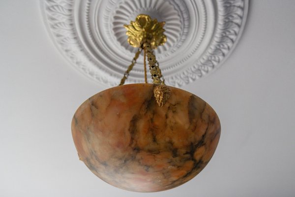 Antique French Amber Color Alabaster and Brass Pendant Light, 1920-KEG-1750886