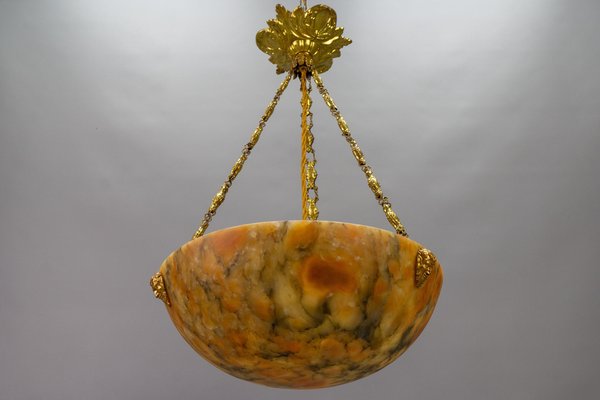 Antique French Amber Color Alabaster and Brass Pendant Light, 1920-KEG-1750886