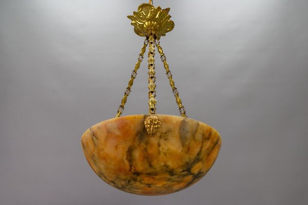 Antique French Amber Color Alabaster and Brass Pendant Light, 1920-KEG-1750886