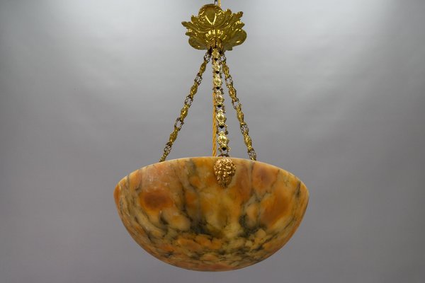 Antique French Amber Color Alabaster and Brass Pendant Light, 1920-KEG-1750886