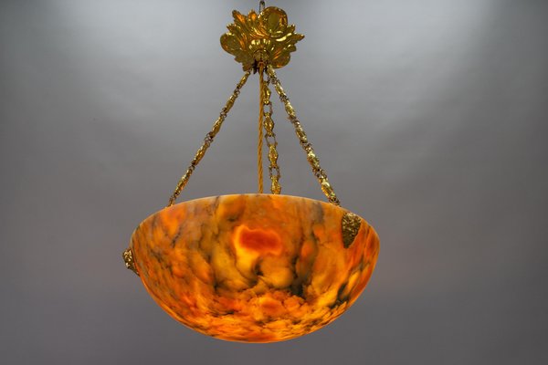 Antique French Amber Color Alabaster and Brass Pendant Light, 1920-KEG-1750886