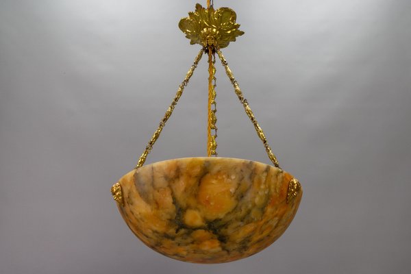 Antique French Amber Color Alabaster and Brass Pendant Light, 1920-KEG-1750886