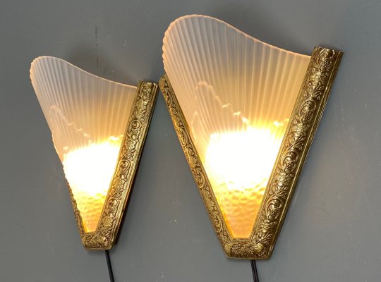 Antique French Art Deco Style Brass & Glass Wall Lights, 1920s, Set of 2-WZZ-1183066