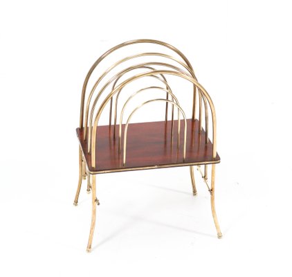 Antique French Art Nouveau Brass & Mahogany Magazine Rack, 1900s-MY-869090