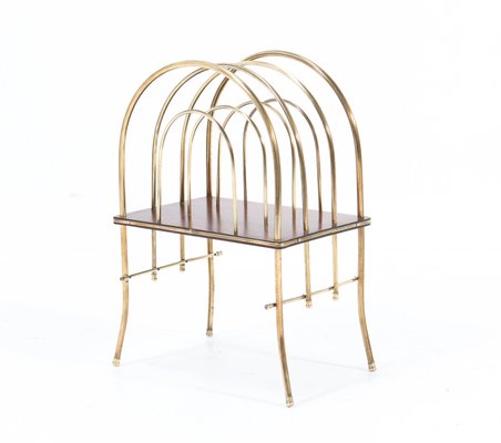 Antique French Art Nouveau Brass & Mahogany Magazine Rack, 1900s-MY-869090