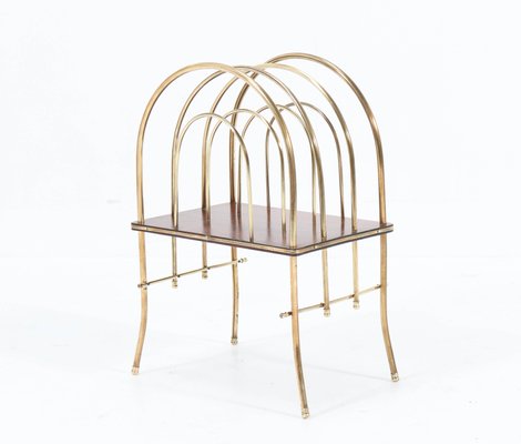 Antique French Art Nouveau Brass & Mahogany Magazine Rack, 1900s-MY-869090