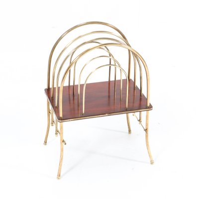 Antique French Art Nouveau Brass & Mahogany Magazine Rack, 1900s-MY-869090