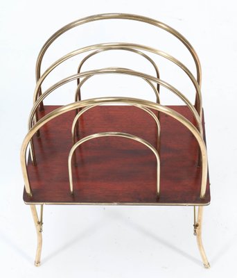 Antique French Art Nouveau Brass & Mahogany Magazine Rack, 1900s-MY-869090