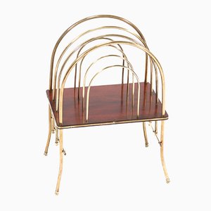 Antique French Art Nouveau Brass & Mahogany Magazine Rack, 1900s-MY-869090