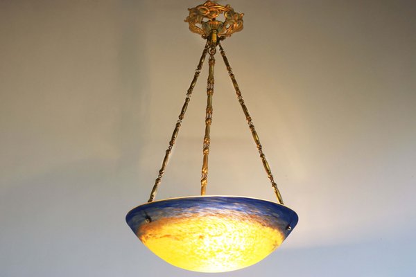 Antique French Art Nouveau Bronze Hanging Light from Verrerie Dart Degué, 1920-WIP-2041862