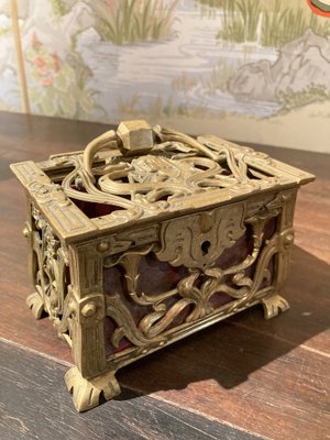 Antique French Art Nouveau Pierced Gilt Bronze Jewelry Box, 1880s-AXE-1766046