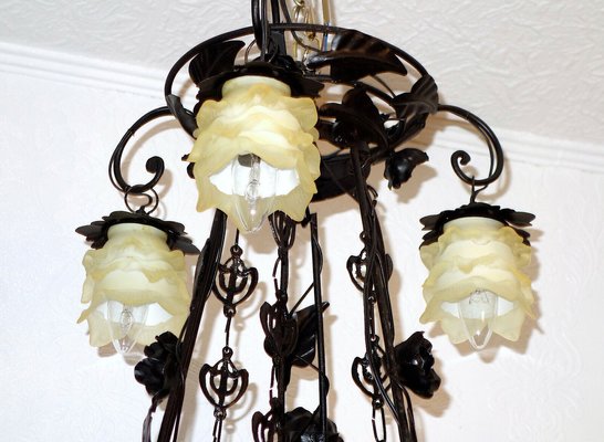 Antique French Black Patinated Metal and Glass Chandelier, 1940s-NGU-1777119