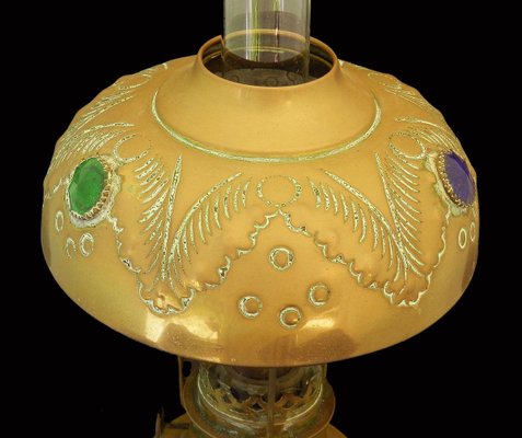 Antique French Bohemian Brass and Glass Cabochons Oil Lamp, 1910-ARU-626000