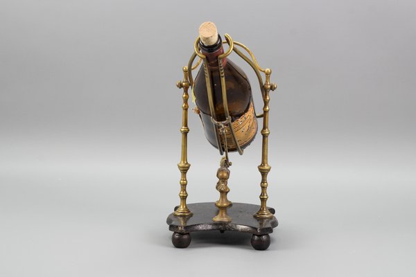 Antique French Brass Bottle Holder with Wood Stand-KEG-1176005