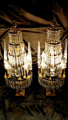 Antique French Bronze and Lead Crystal Girandoles Table Lamps, Set of 2-QRS-572355