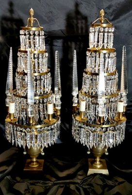 Antique French Bronze and Lead Crystal Girandoles Table Lamps, Set of 2-QRS-572355