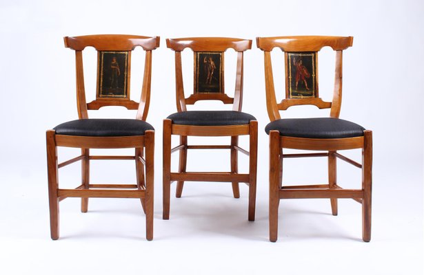 Antique French Cherry Dining Chairs with Greek Painting, 1800s, Set of 4-ZLE-861592